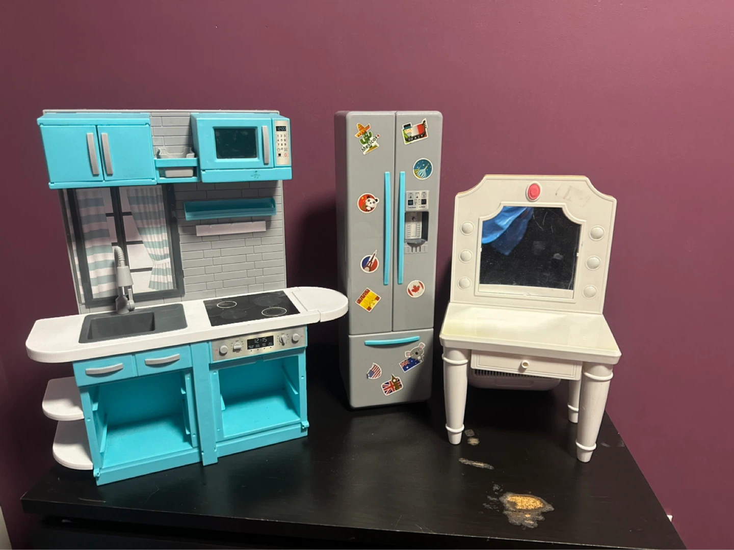 Doll Kitchen, Refrigerator, and Vanity Set