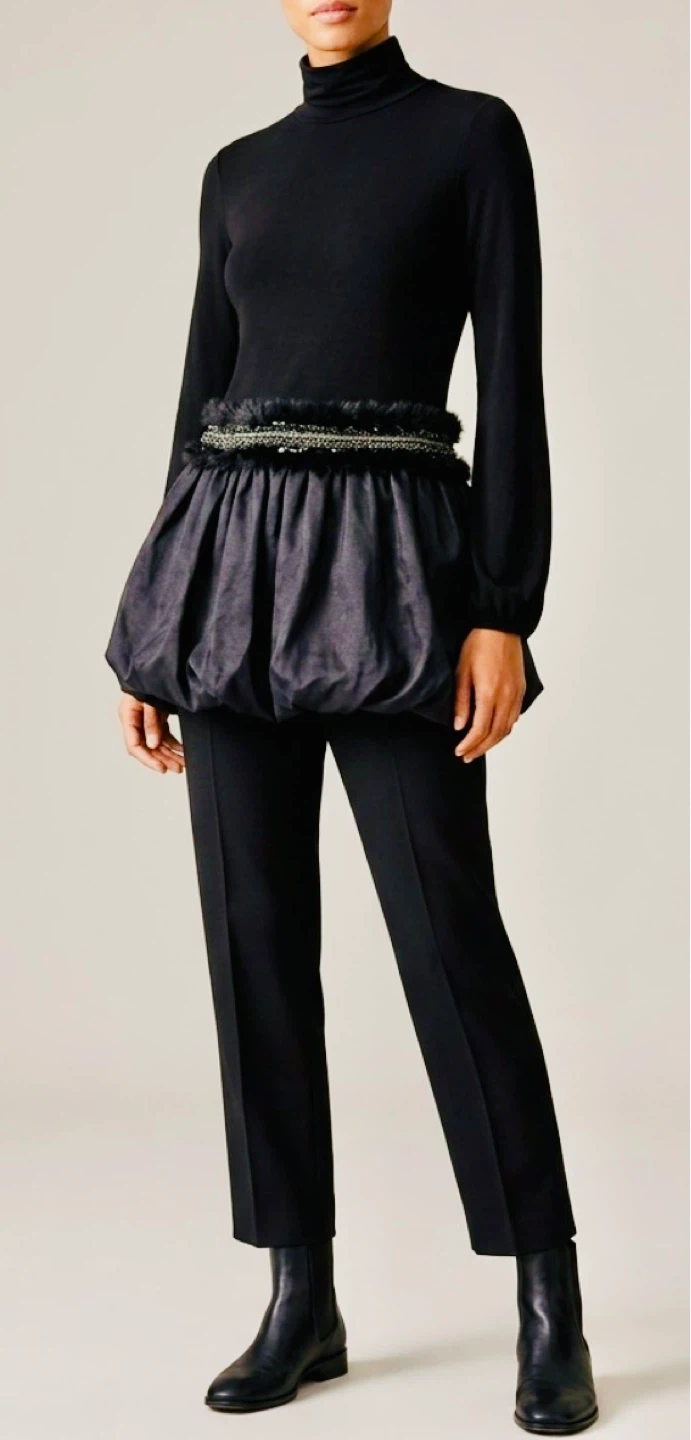 Black Long-Sleeve Turtleneck Dress with Embellished Waist
