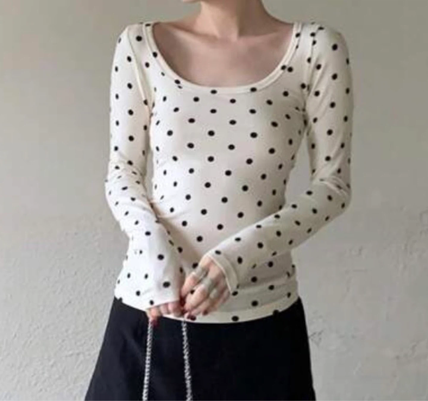 Long Sleeve Polka Dot Top - Cream/Black