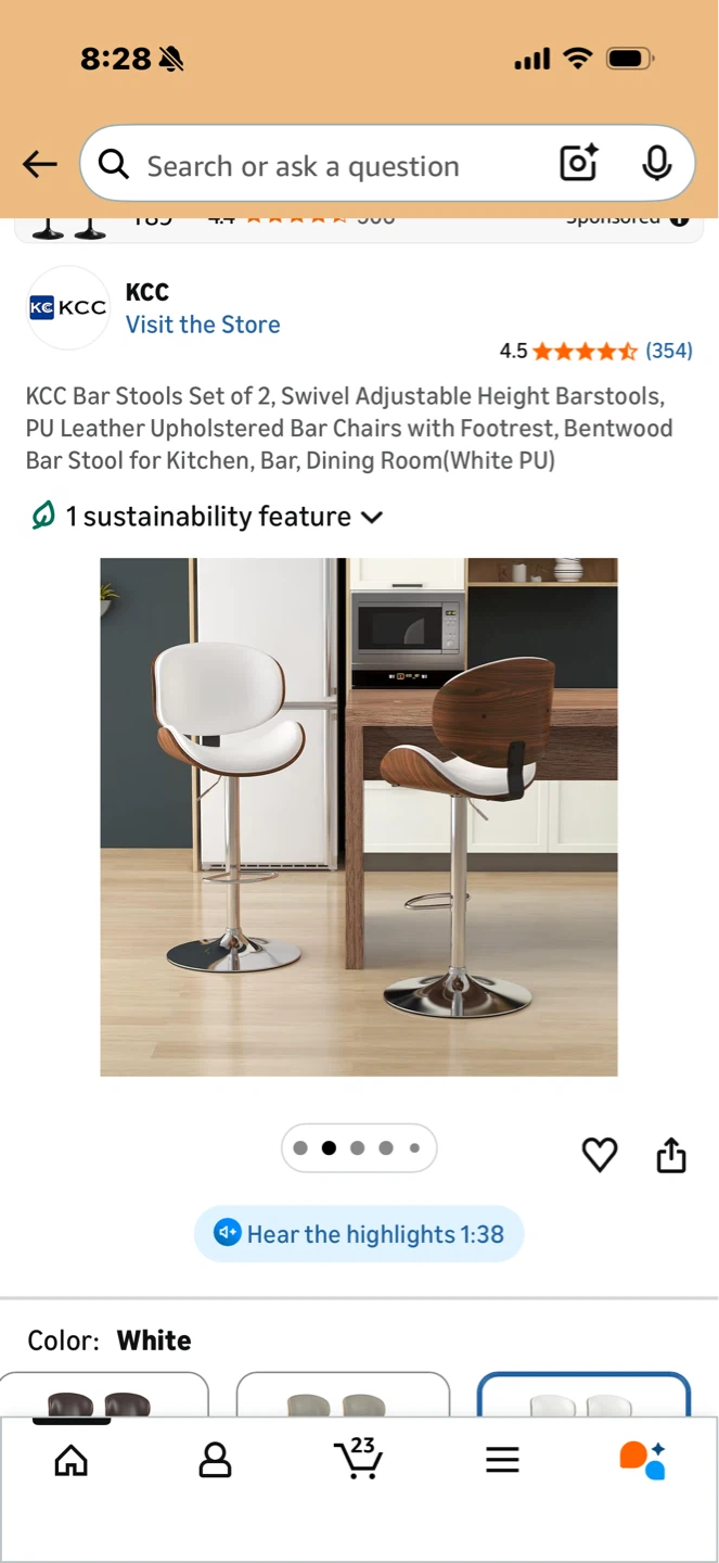 Set of 2 White PU Leather Swivel Bar Stools with Footrest