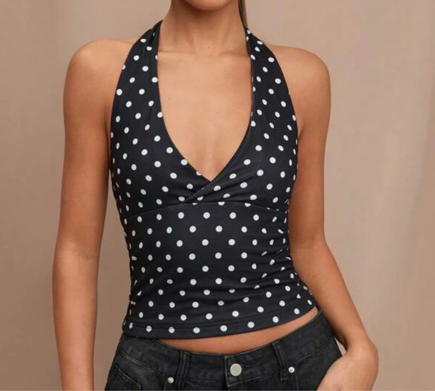 Navy polka dot halter tank top