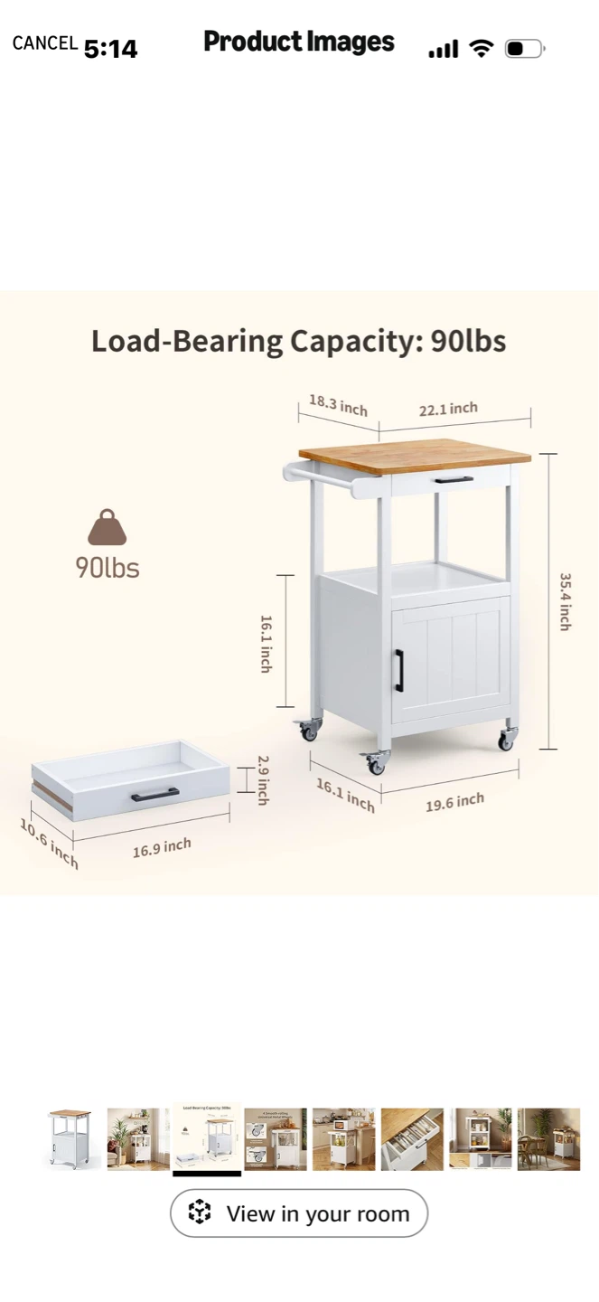 White Kitchen Cart with Wheels - photo 3