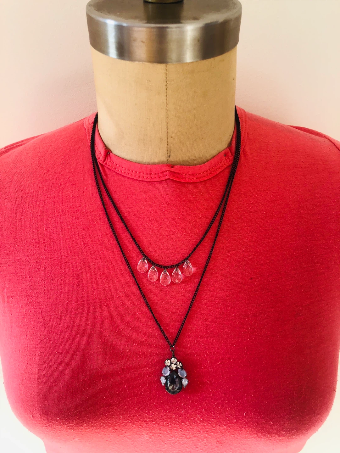 Layered Pendant Necklace with Clear Drop Charms