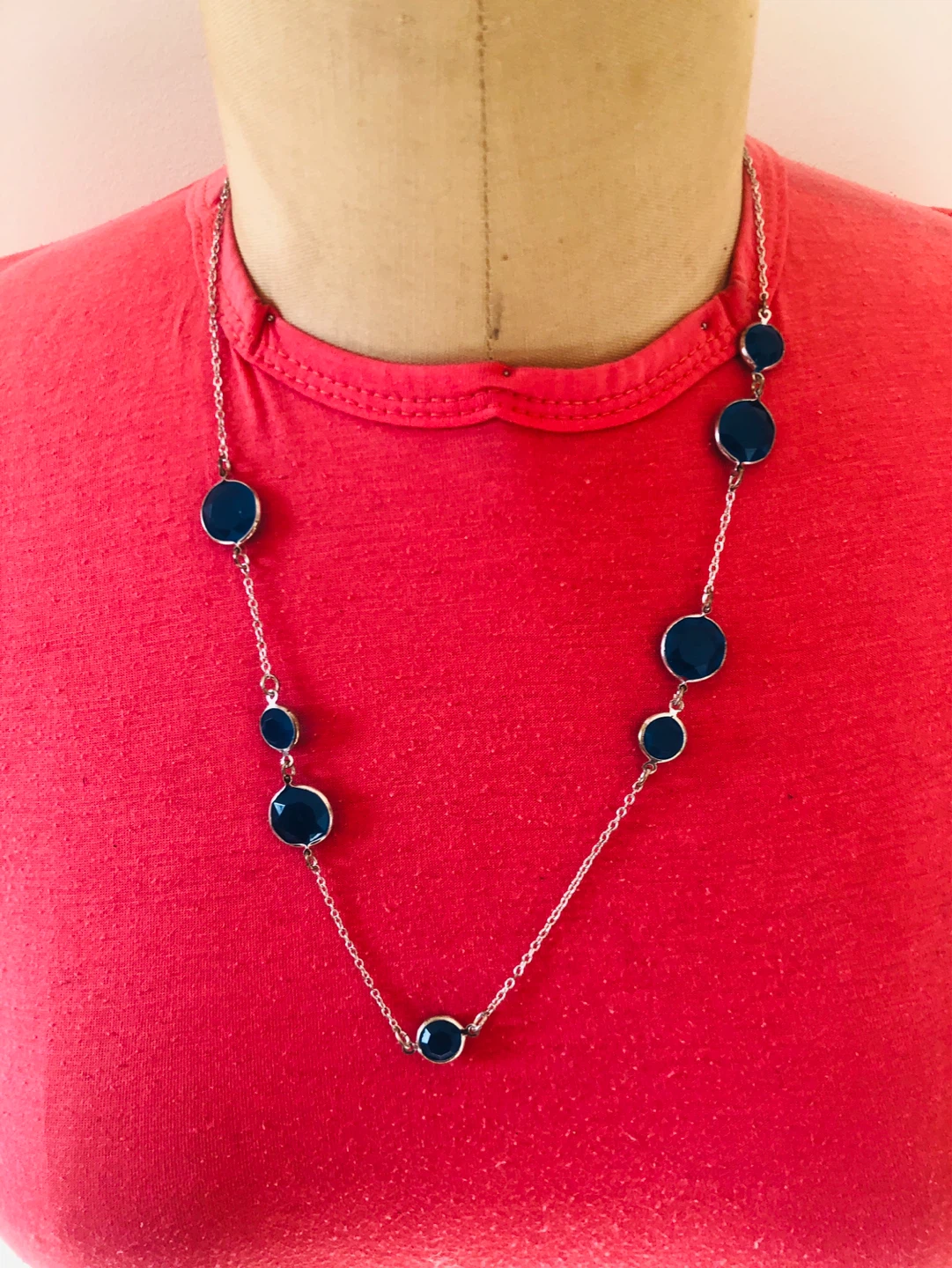 Silver Tone Necklace with Blue Stone Beads