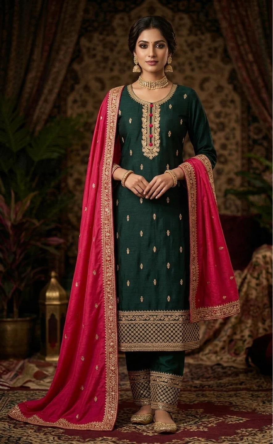 Women's Green Embroidered Salwar Kameez with Pink Dupatta - photo 2