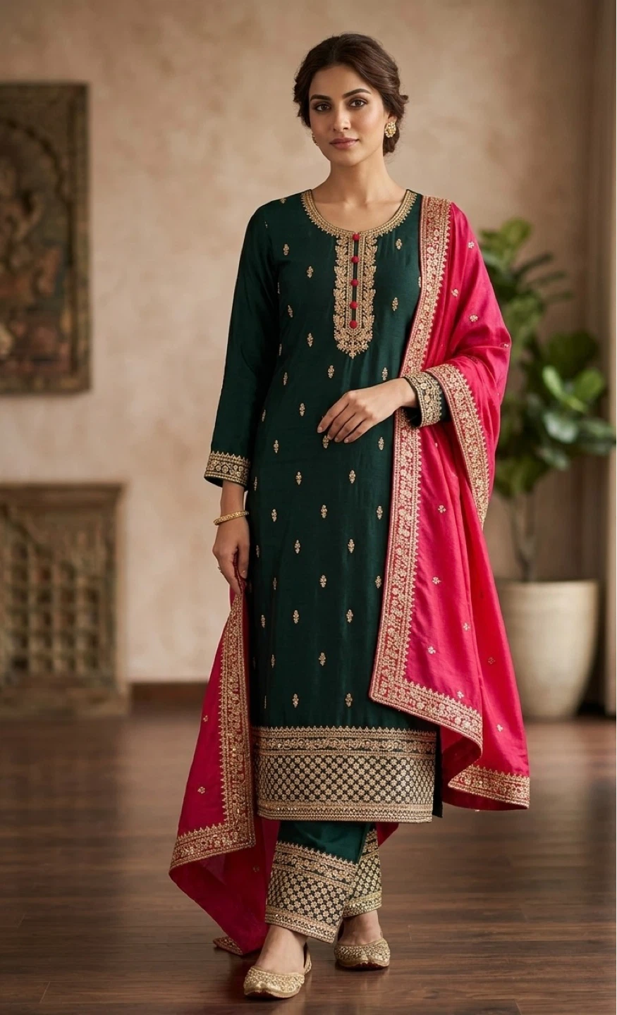 Women's Green Embroidered Salwar Kameez with Pink Dupatta