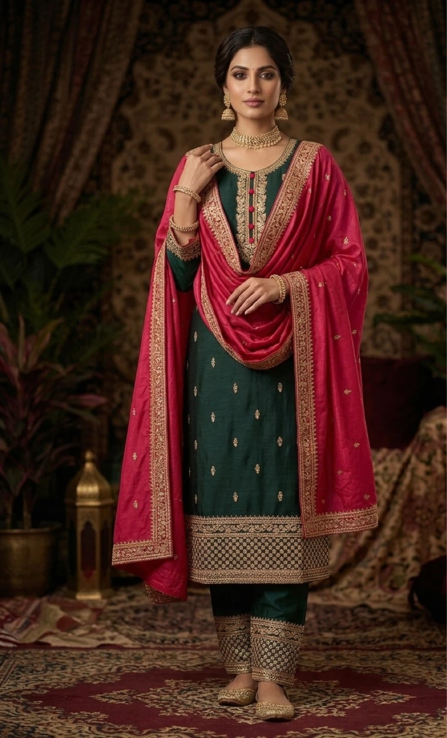 Women's Green Embroidered Salwar Kameez with Pink Dupatta - photo 3
