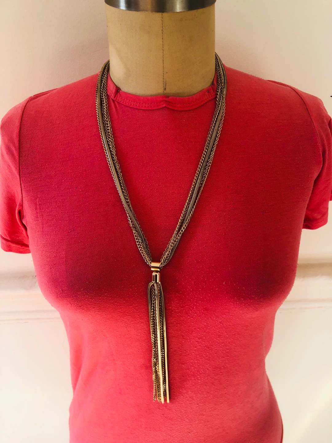 Gold Tone Layered Chain Tassel Necklace