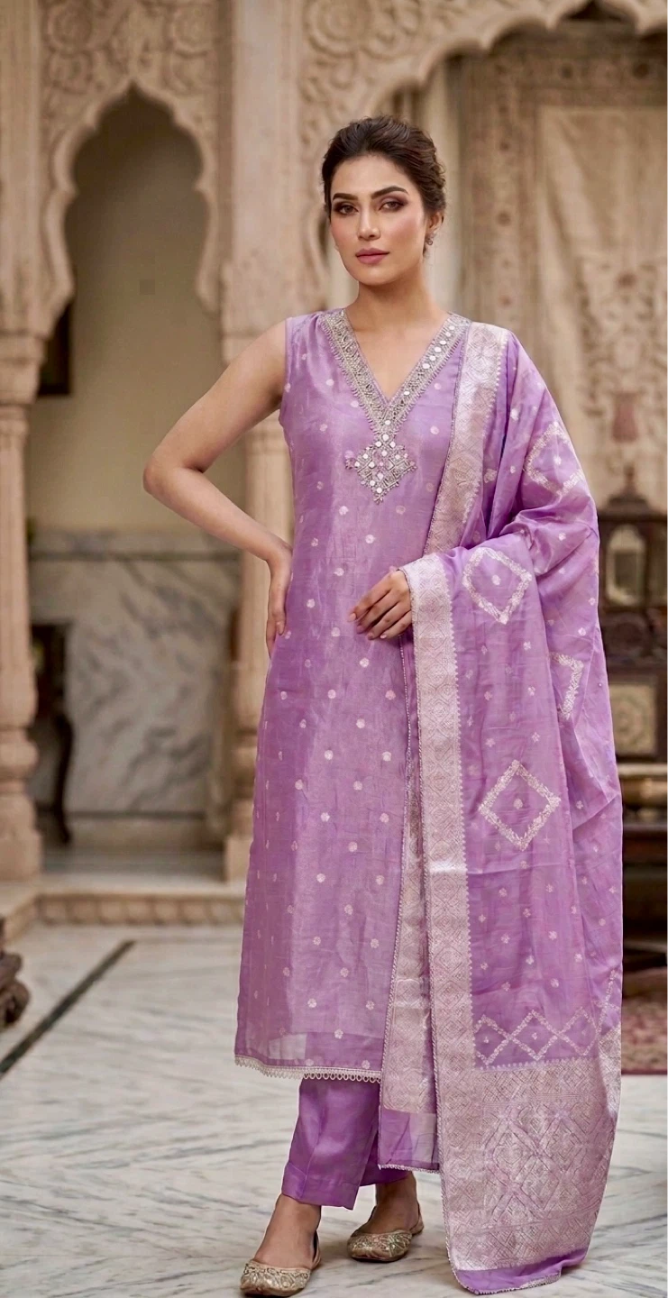 Purple Jacquard Kurti with Pants and Dupatta - photo 5