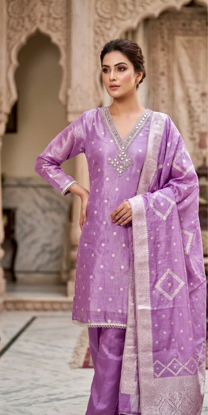 Purple Jacquard Kurti with Pants and Dupatta