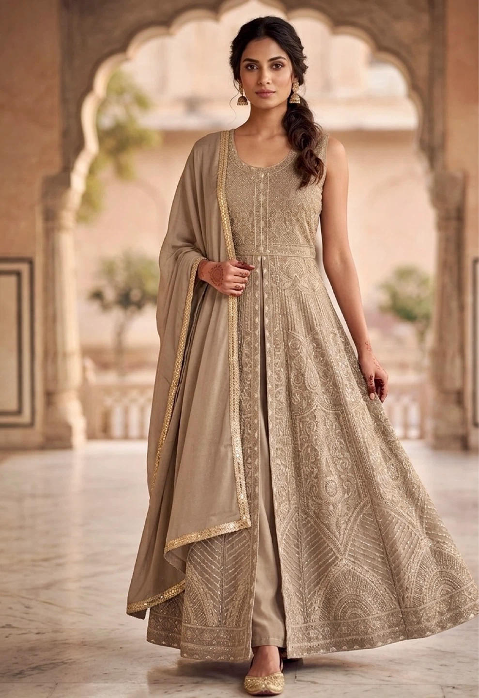Embellished beige Anarkali Suit with Dupatta