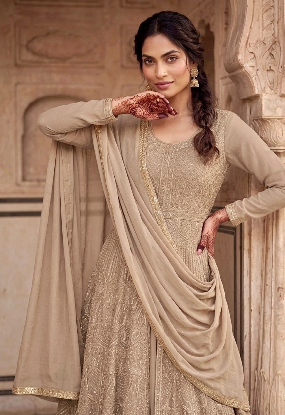 Embellished beige Anarkali Suit with Dupatta - photo 4
