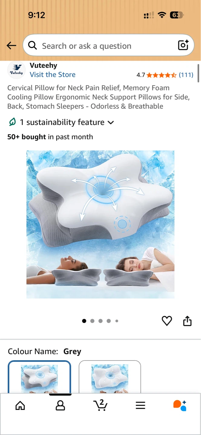 Vuteehy Cervical Pillow for Neck Pain Relief - Grey