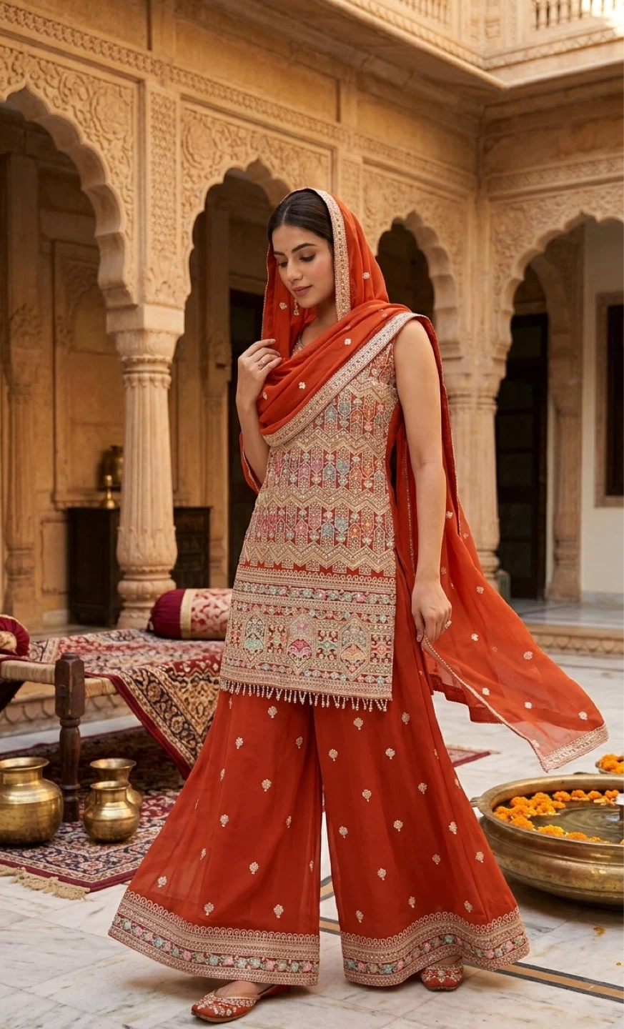 Orange Embroidered Sharara Suit Set