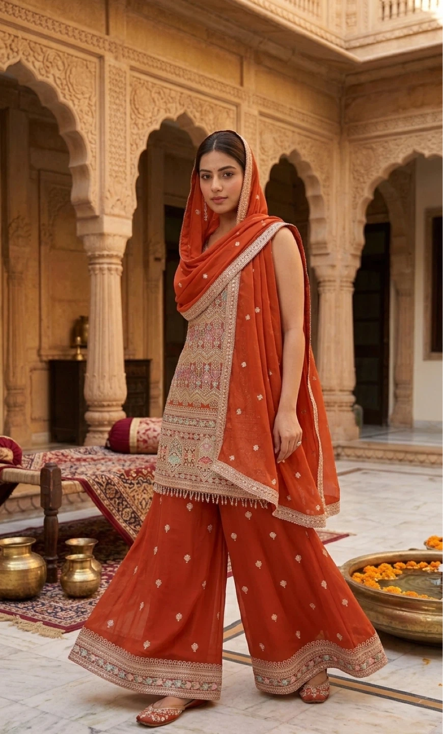 Orange Embroidered Sharara Suit Set - photo 2