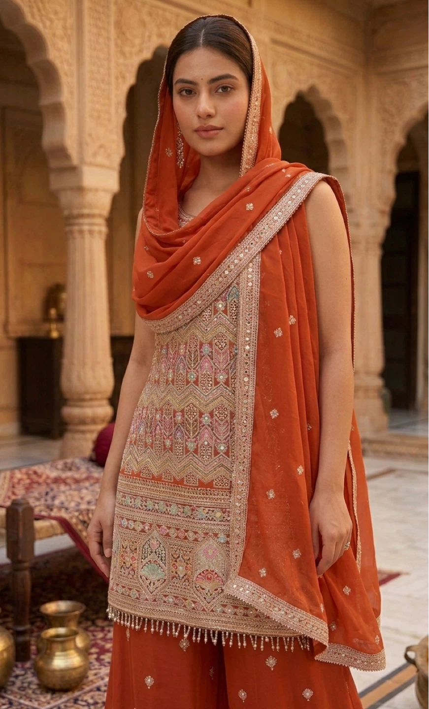 Orange Embroidered Sharara Suit Set - photo 3