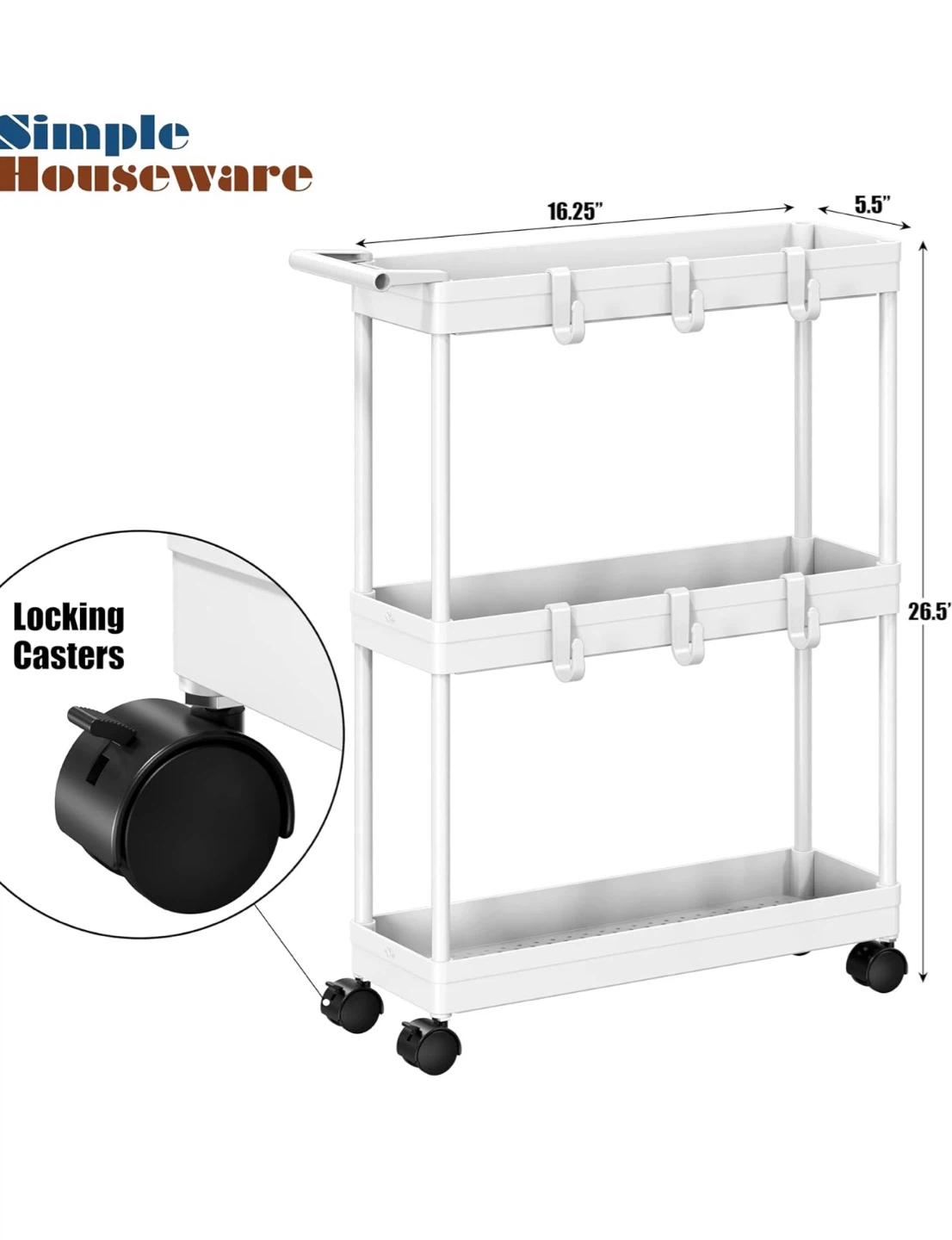 3-Tier Slim Rolling Cart with Handle and Hooks - photo 3