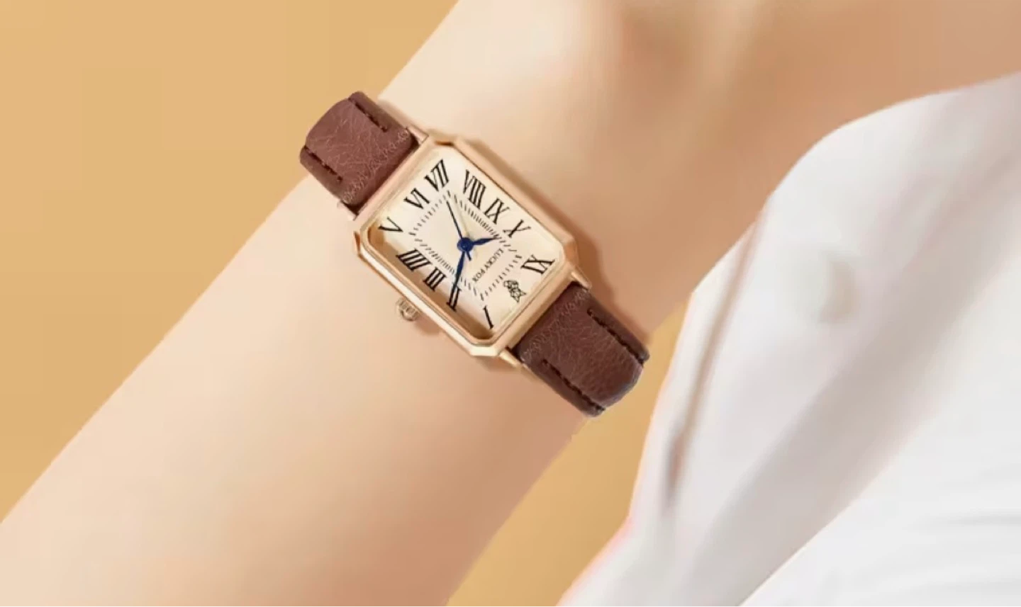 Lucky Fox Women's Rectangular Watch - Gold Tone & Brown Leather