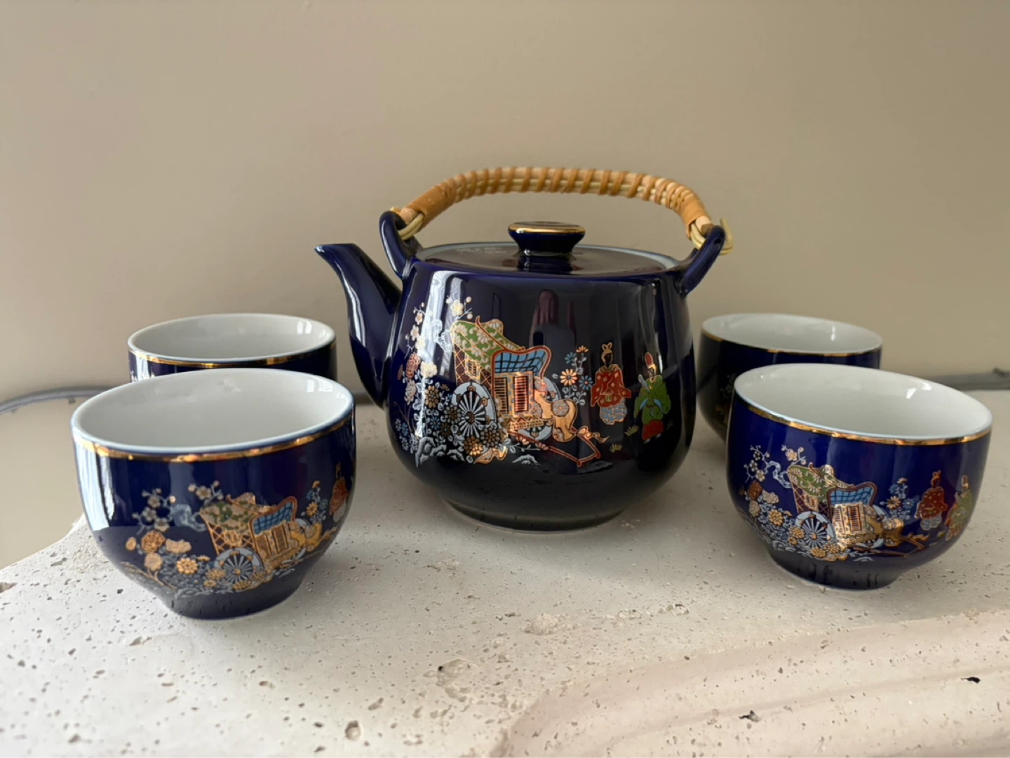 Vintage Blue Teapot and 4 Cups Set