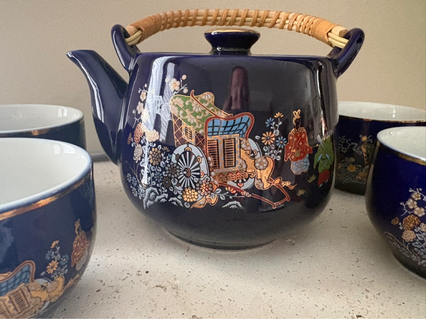 Vintage Blue Teapot and 4 Cups Set - photo 2
