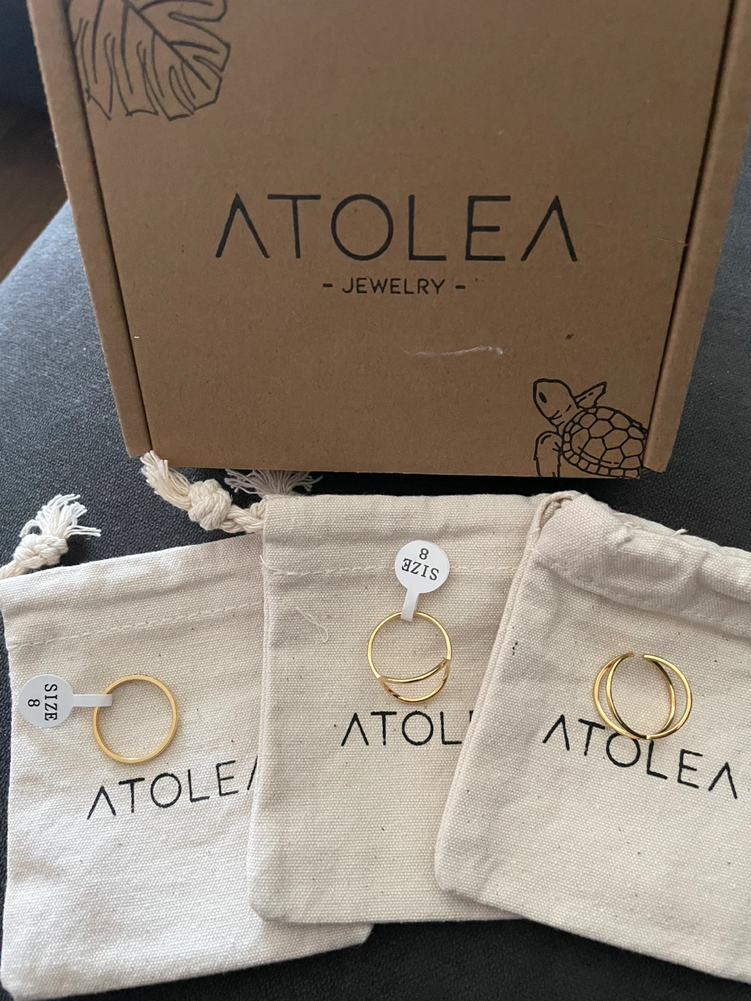 New set of 3 gold tone Atoloa Rings Size 8 Tarnish free