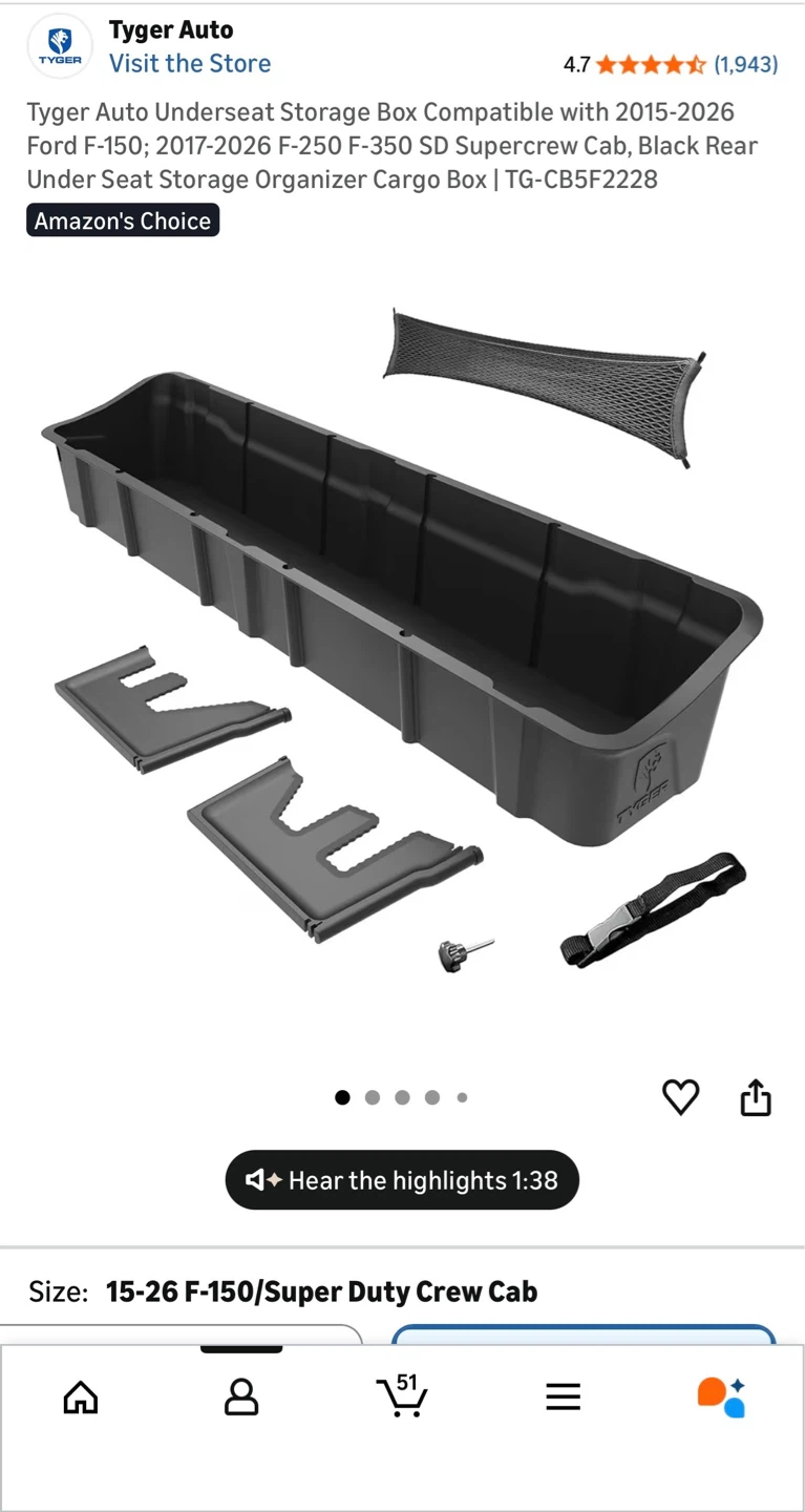 Tyger Auto Under Seat Storage Box for Ford F-150 Supercrew Cab - photo 3