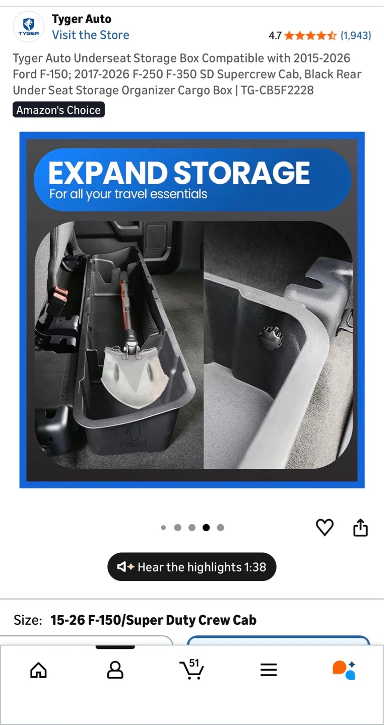 Tyger Auto Under Seat Storage Box for Ford F-150 Supercrew Cab - photo 4