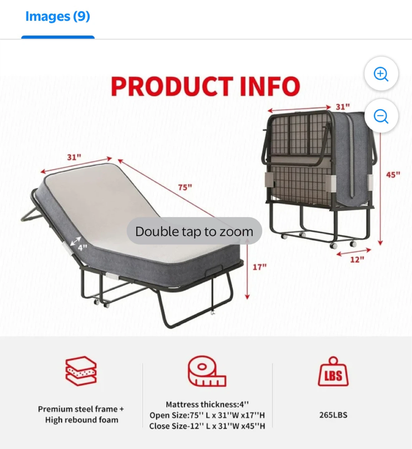 Folding Twin Bed with 4" Mattress
