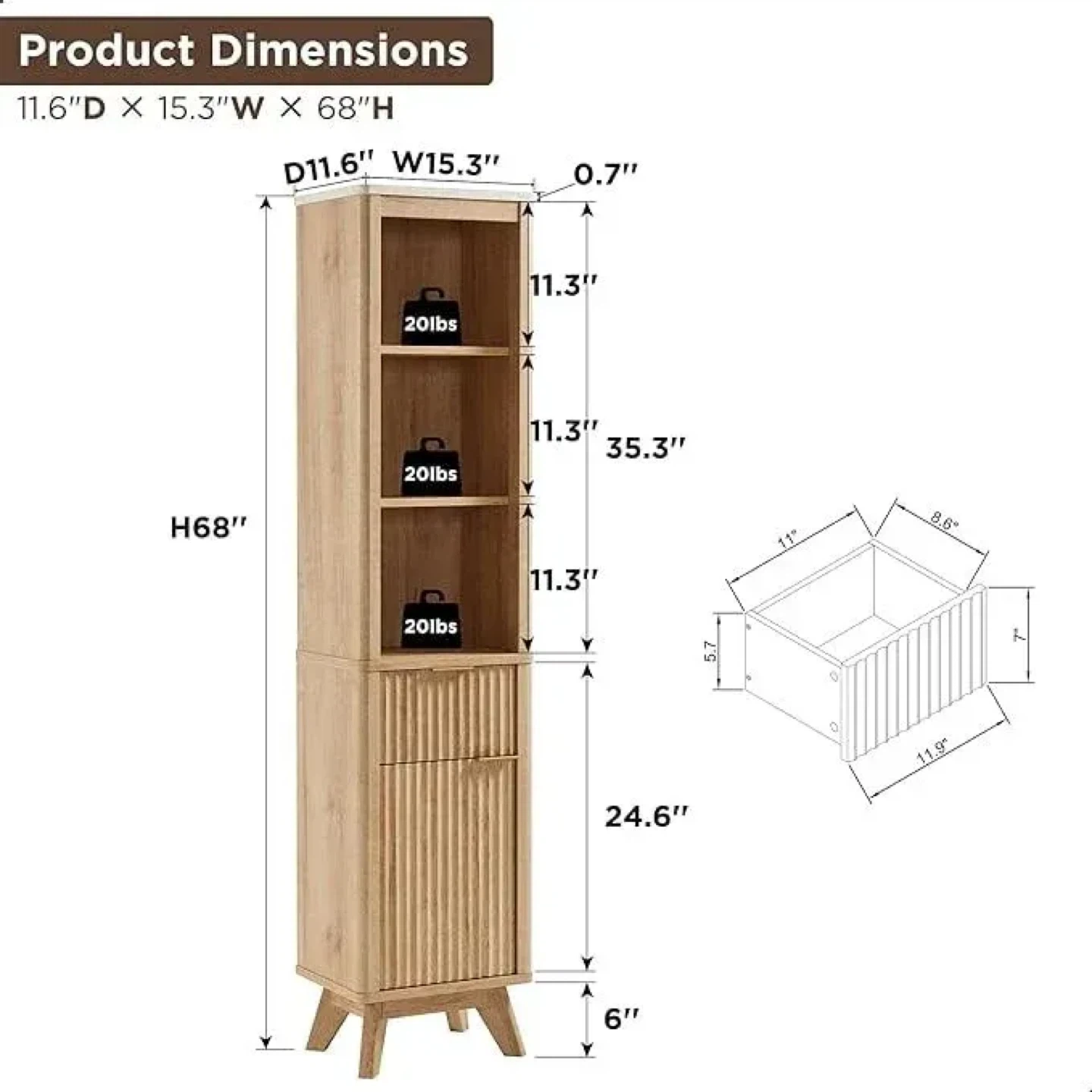 Tall Bathroom Storage Cabinet with Fluted Door - photo 3