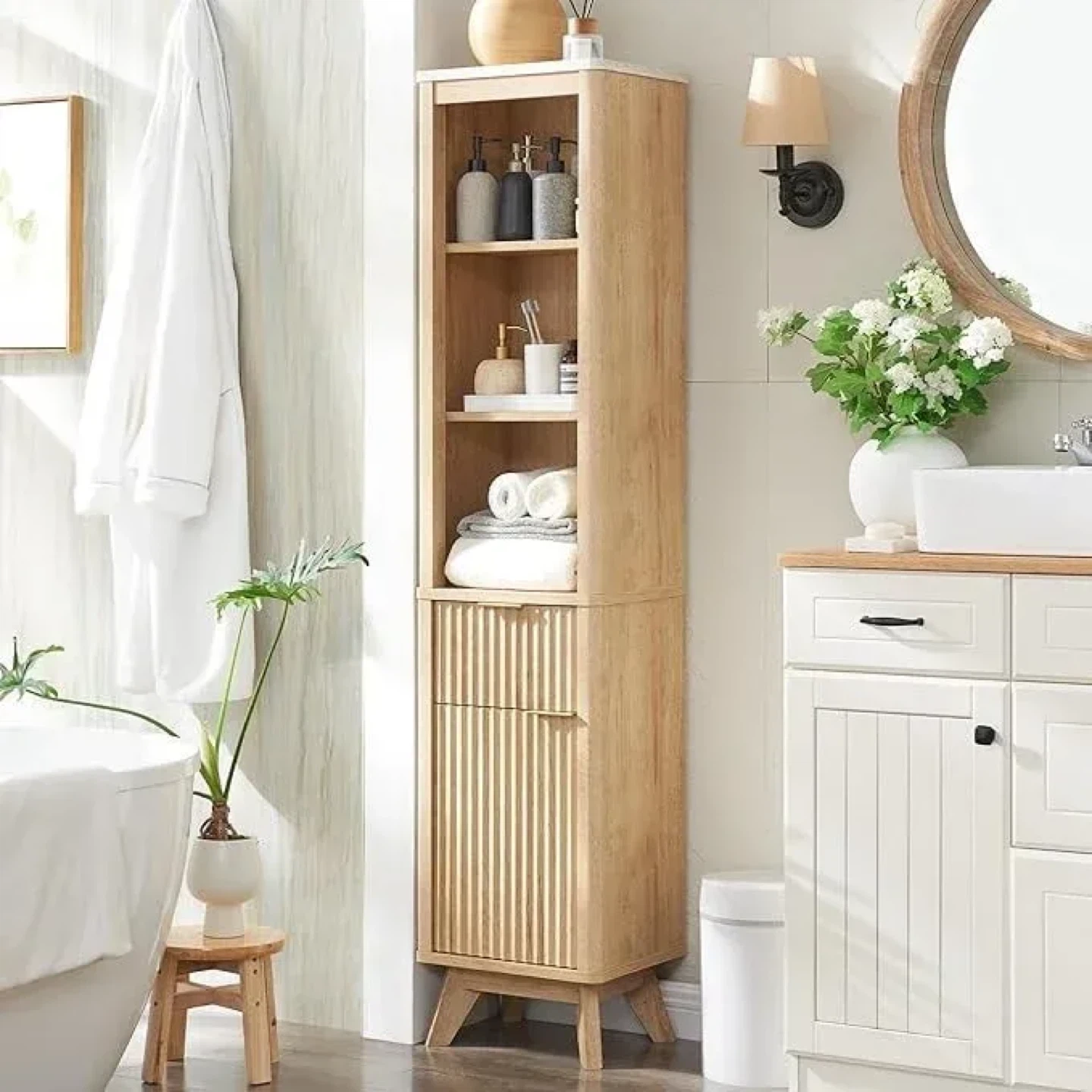 Tall Bathroom Storage Cabinet with Fluted Door - photo 2