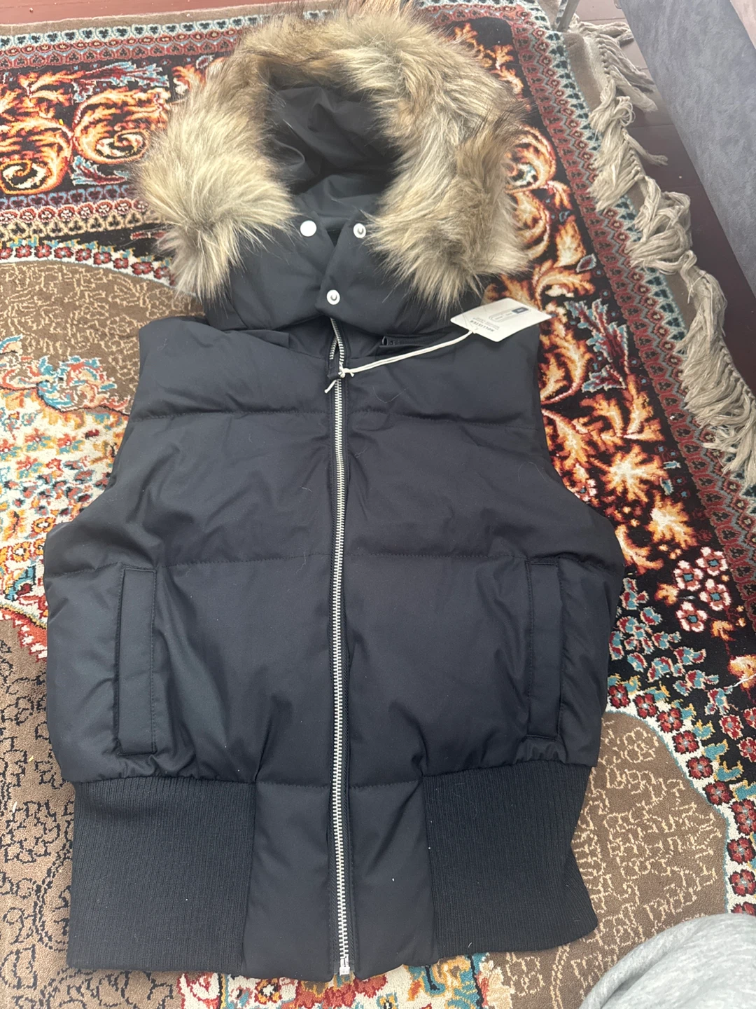 Black Puffer Vest with Fur Hood