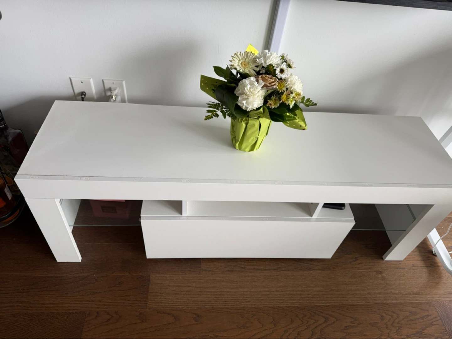 White TV Stand with Drawer and Shelves