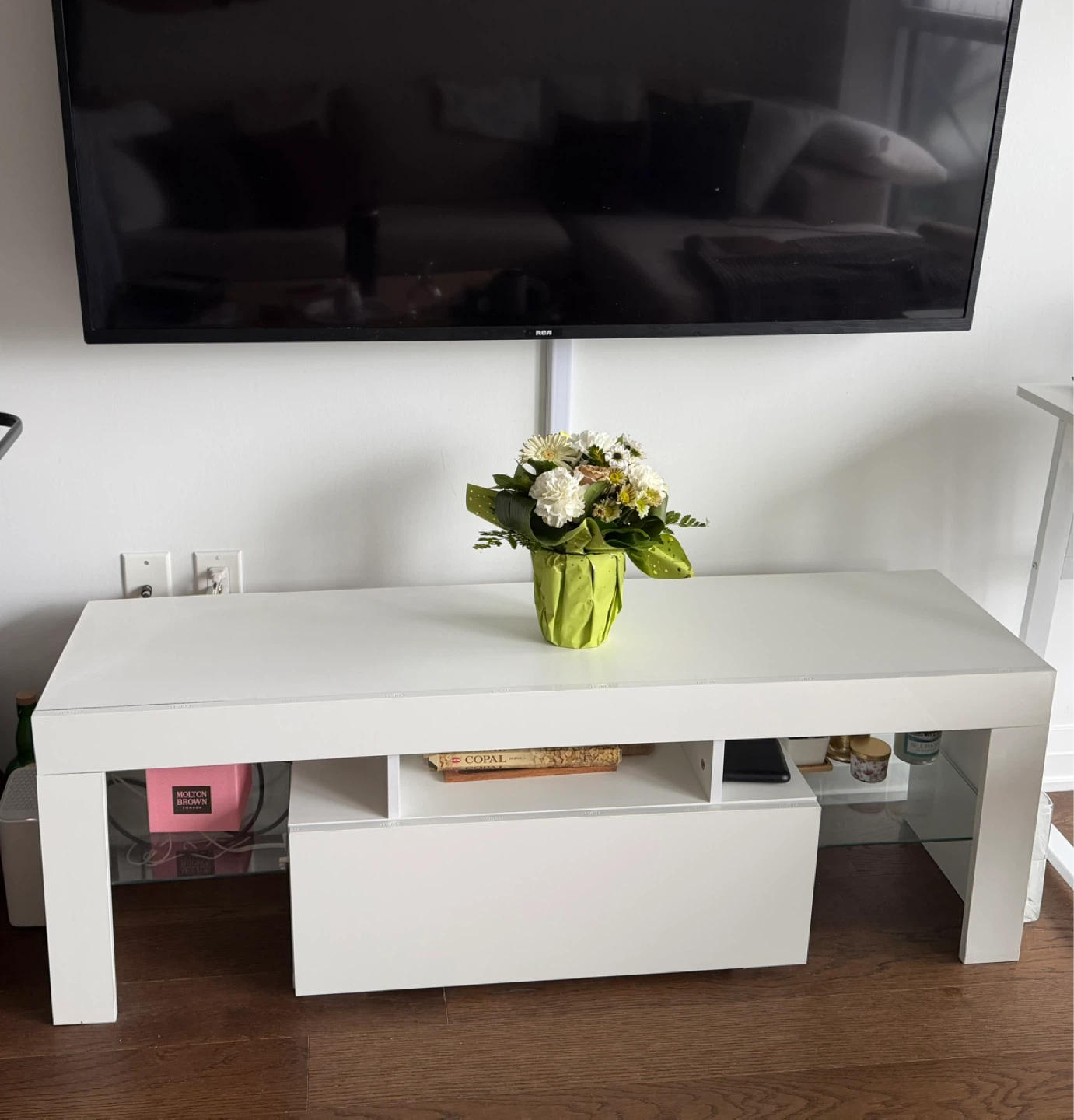 White TV Stand with Drawer and Shelves - photo 2