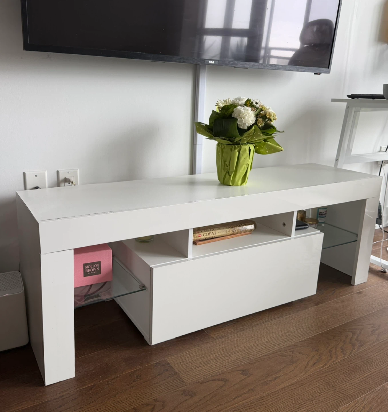 White TV Stand with Drawer and Shelves - photo 3