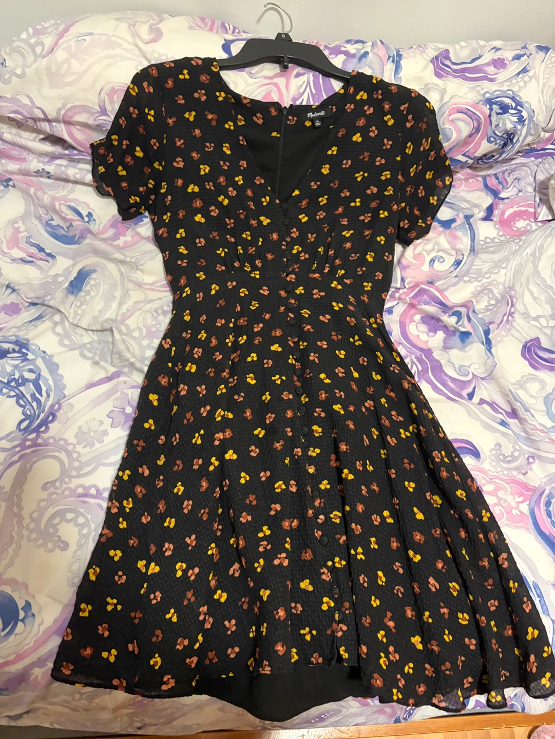 Madewell Black Floral Short Sleeve Button-Up Dress