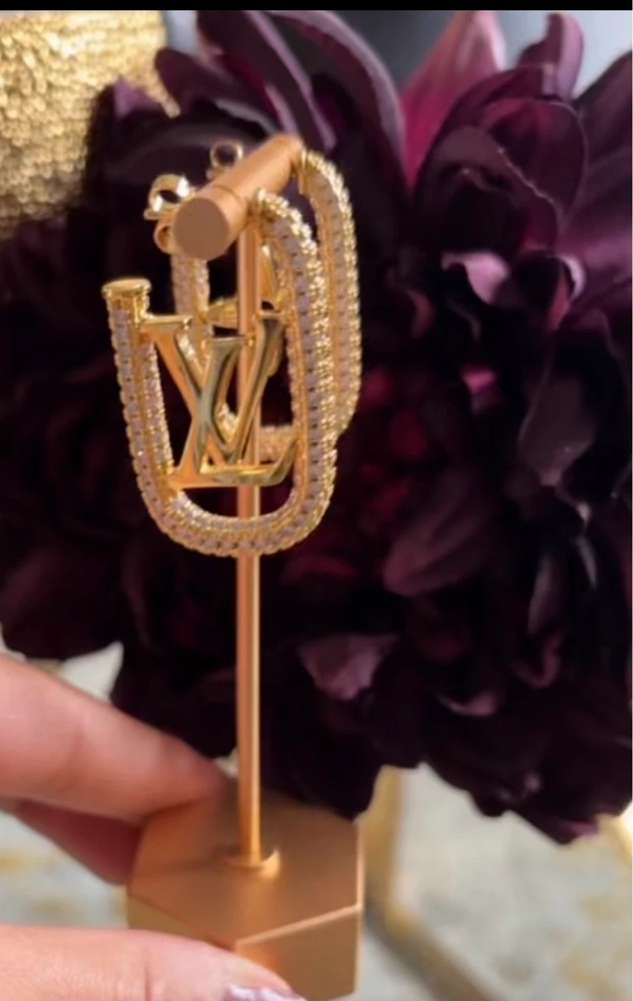 Gold Tone Hoop Earrings with LV Logo Beautiful