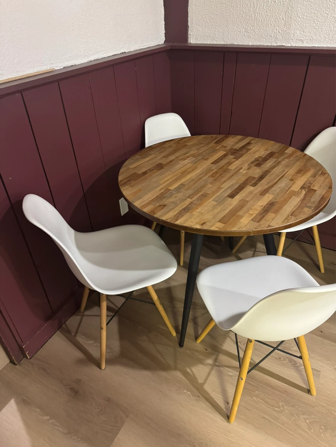 Round Wood Top Dining Table with 4 White Chairs - photo 2