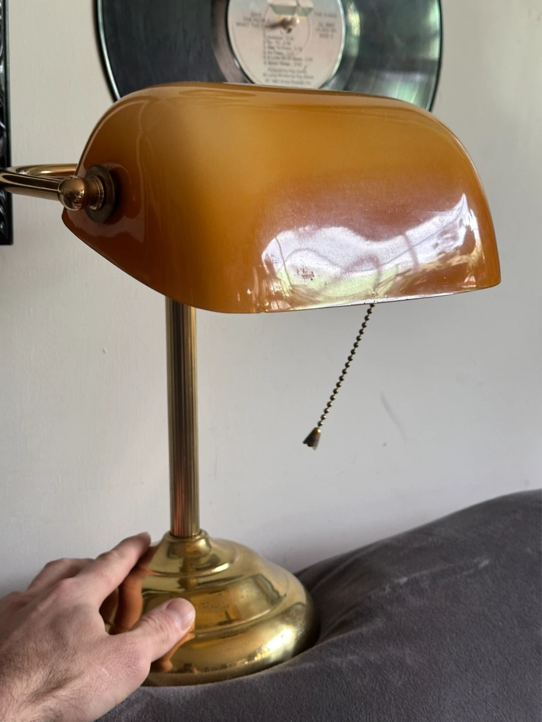 Vintage brass and amber glass shade bankers lamp