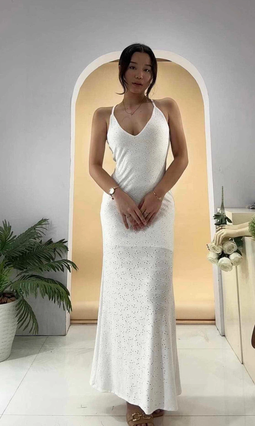White Eyelet Halter Maxi Dress