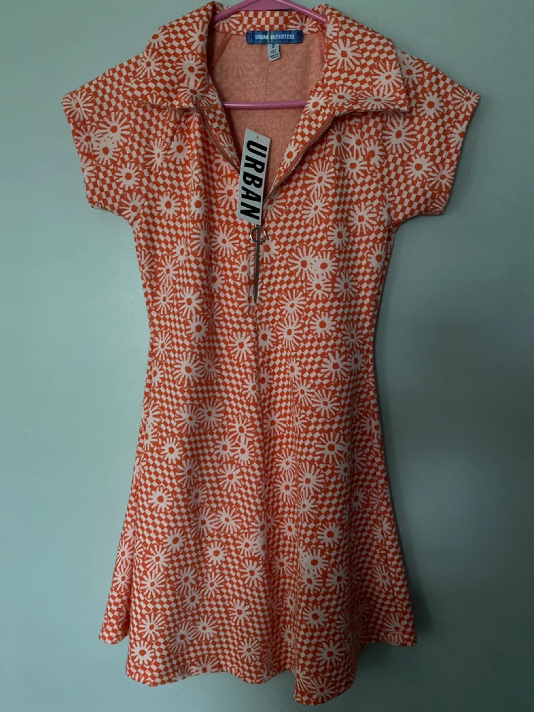 Urban Outfitters Orange Floral Checkerboard Zip-Up Dress Size S - photo 2