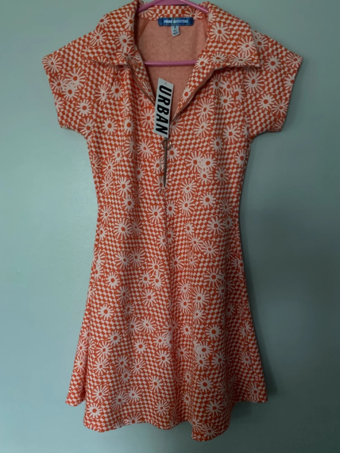 Urban Outfitters Orange Floral Checkerboard Zip-Up Dress Size S