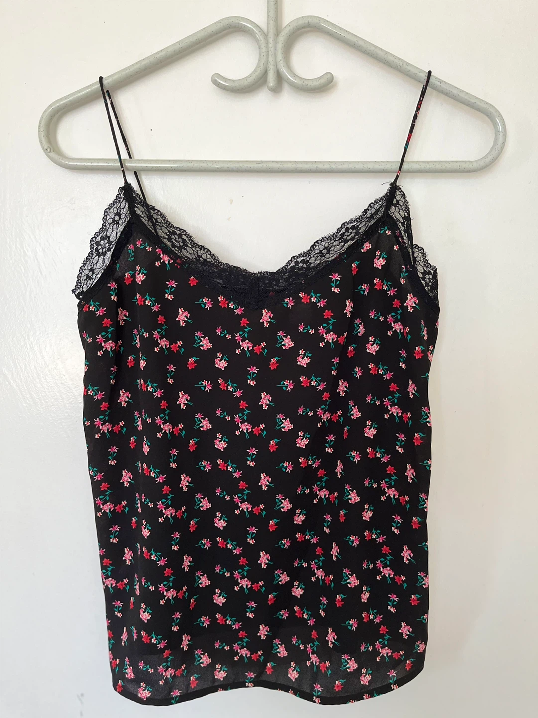 Black Floral Cami with Lace Trim
