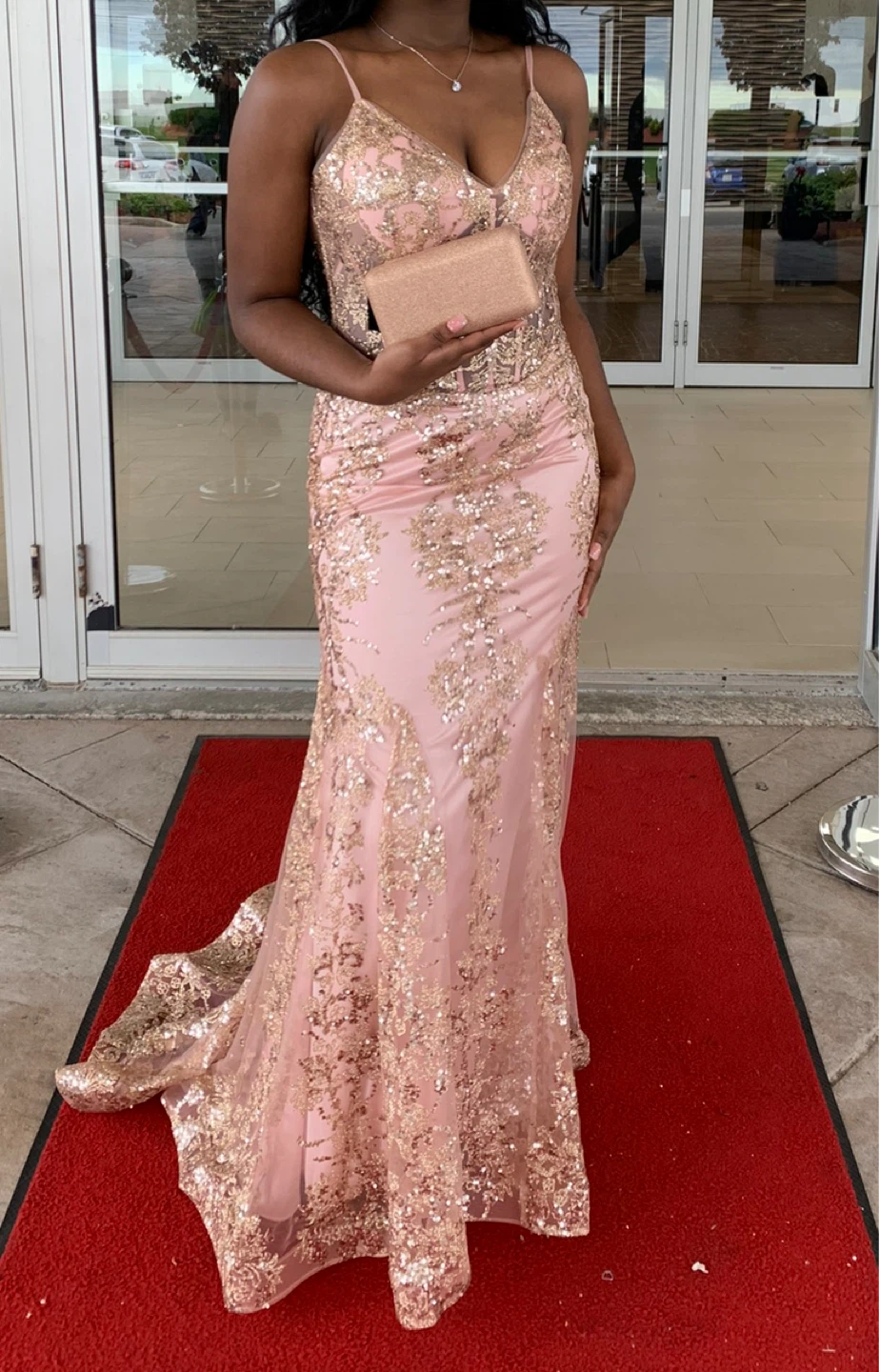 Pink Sequin Lace Prom Dress