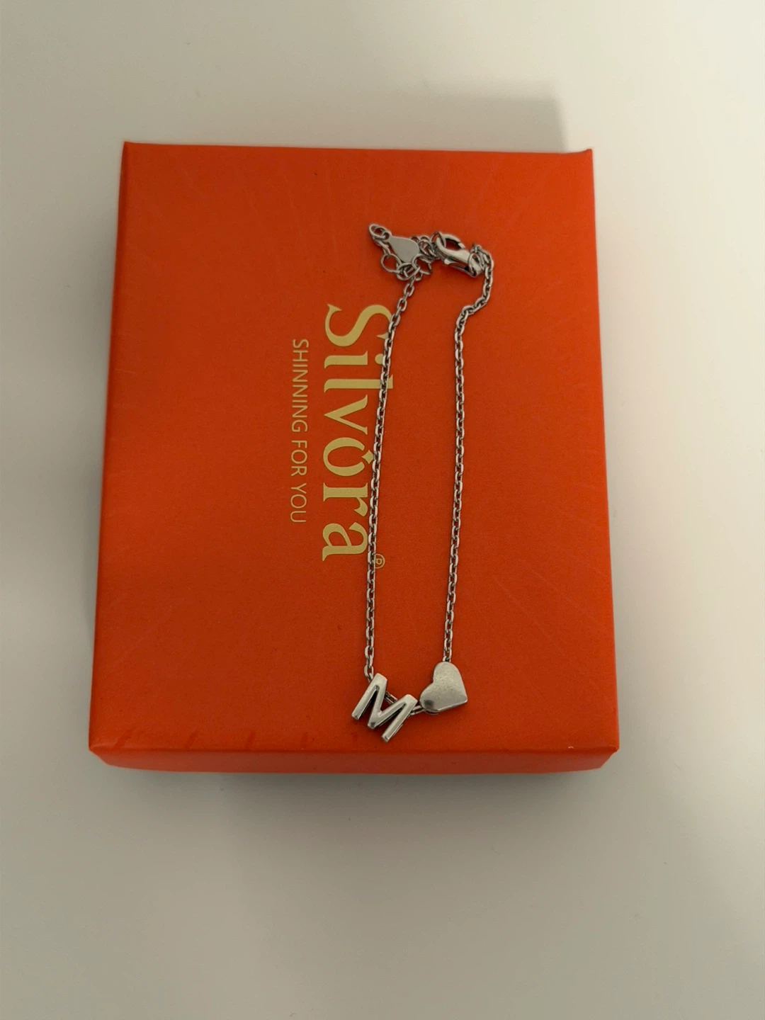 Silvora Sterling Silver M Heart Charm Necklace with Box