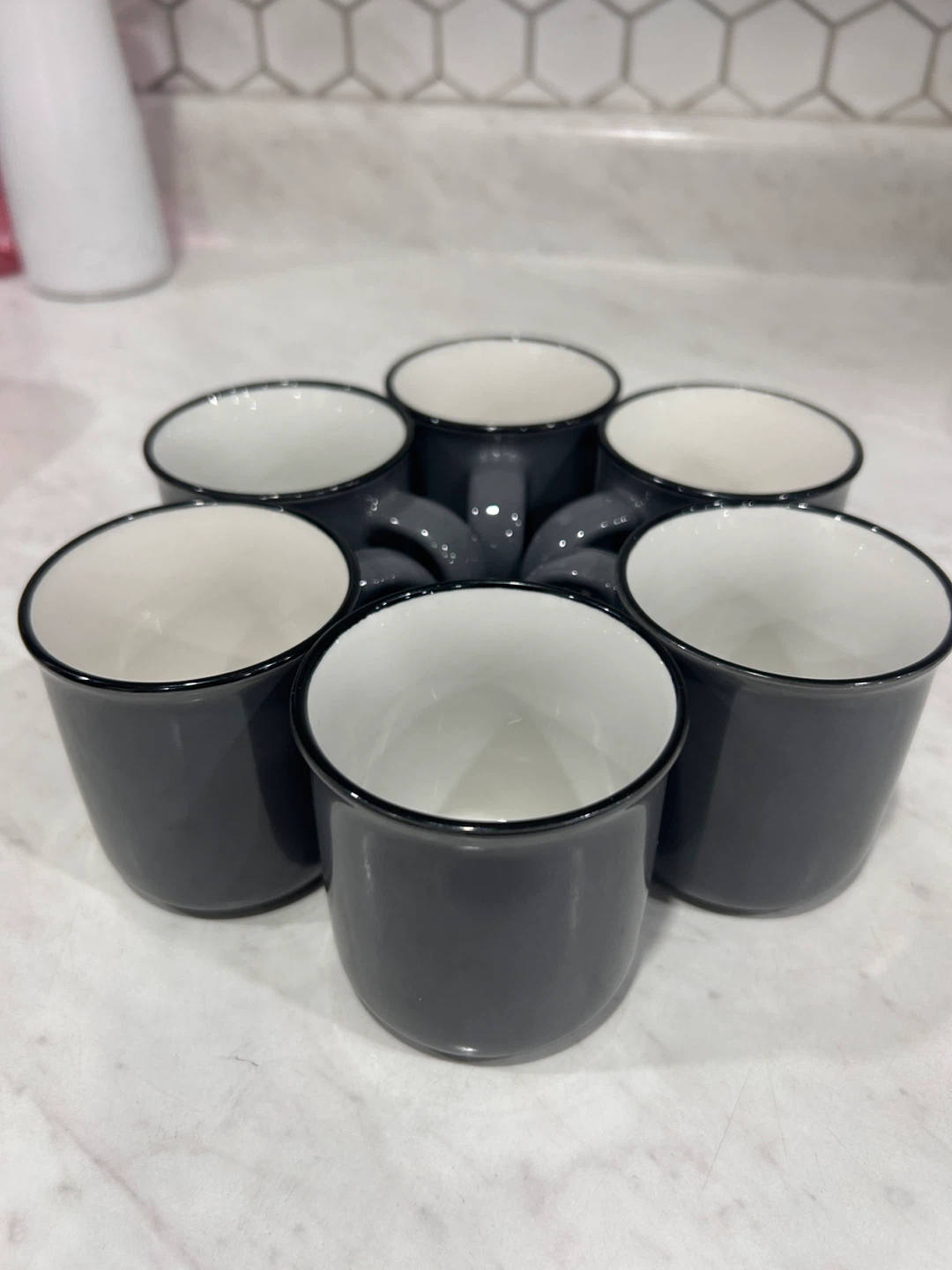 Set of 6 Grey Tea Cups with Black Rim
