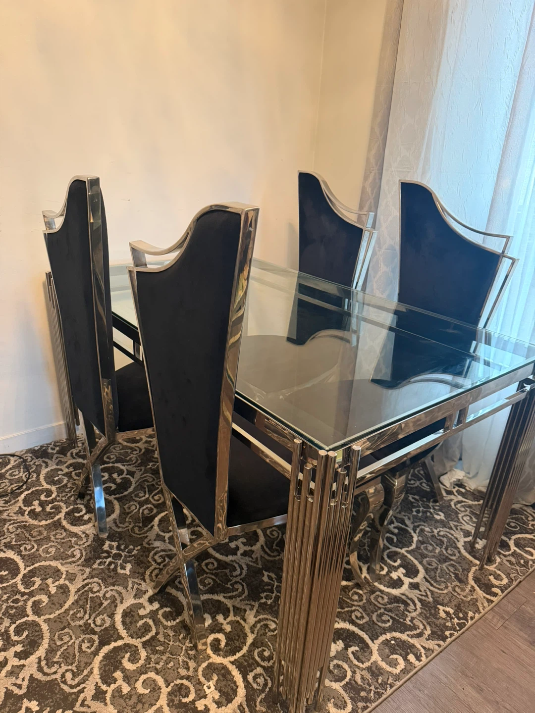 Glass Dining Table Set with 4 Black Chairs