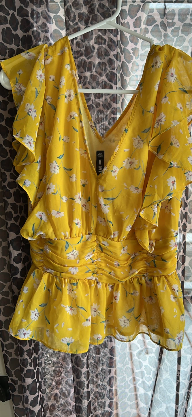 Yellow Floral Print Ruffle Sleeve Blouse