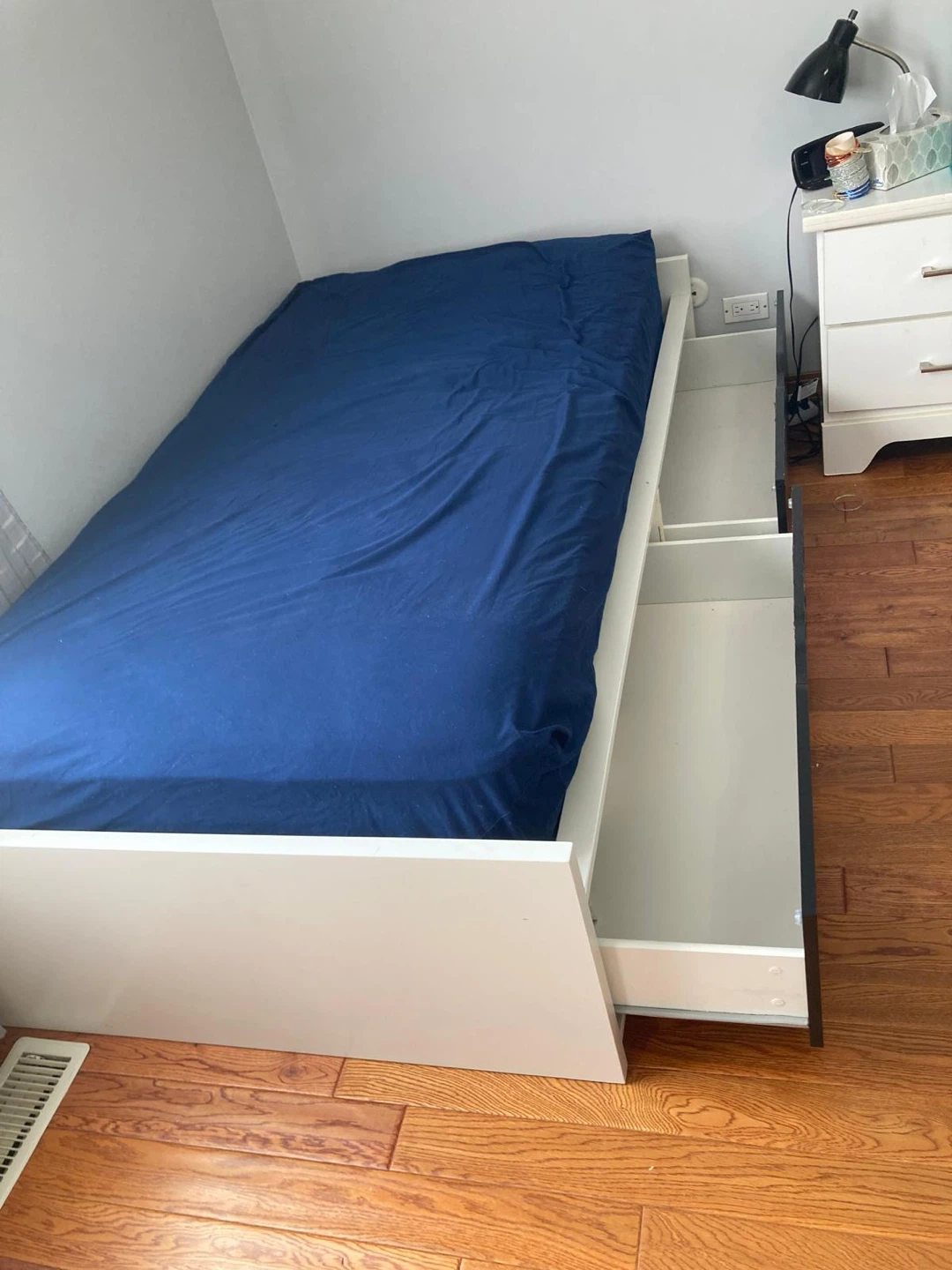 IKEA White Twin Bed Frame with Blue Mattress - photo 2