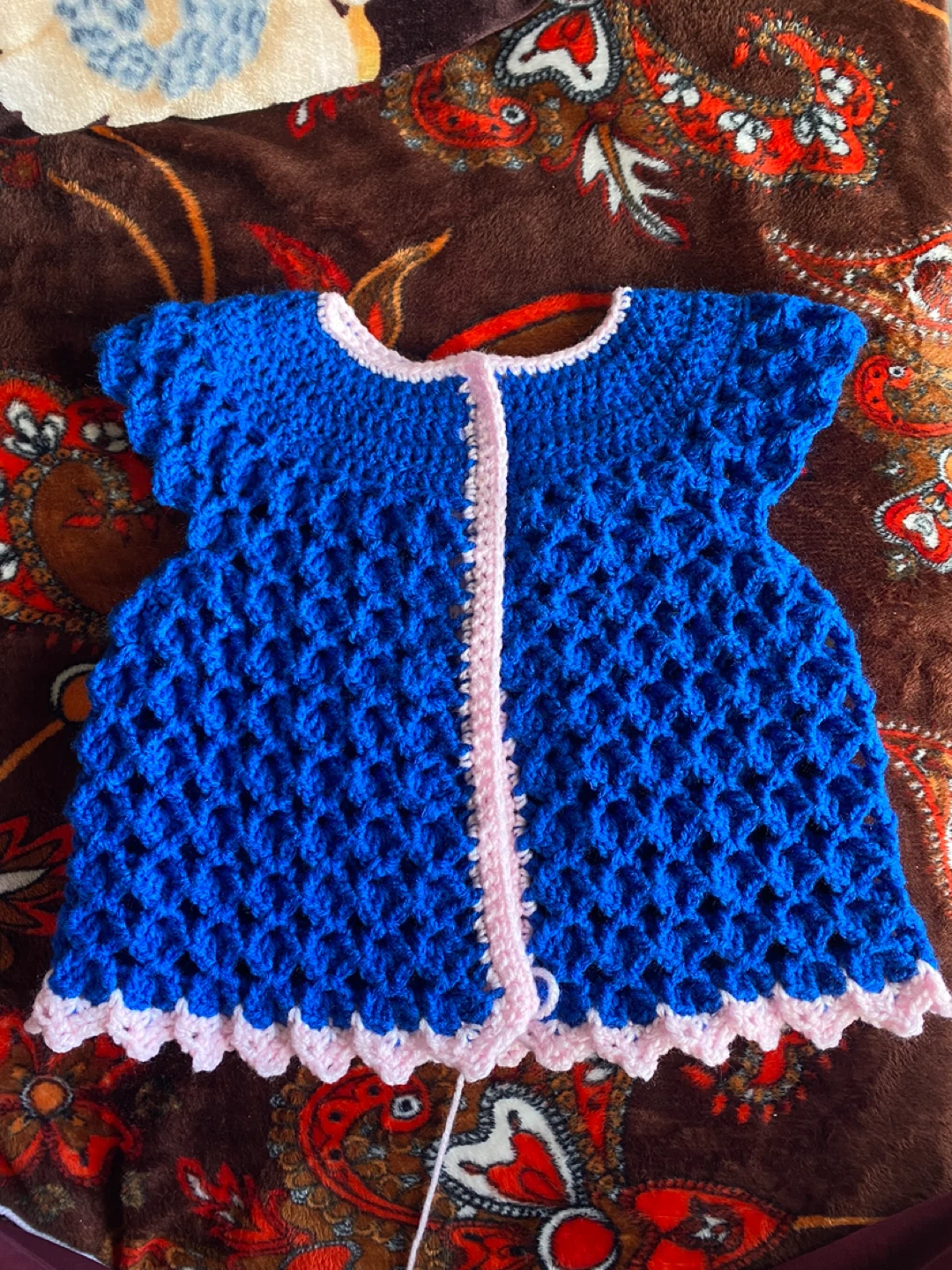 Hand-knitted Blue Baby Dress with Pink Trim