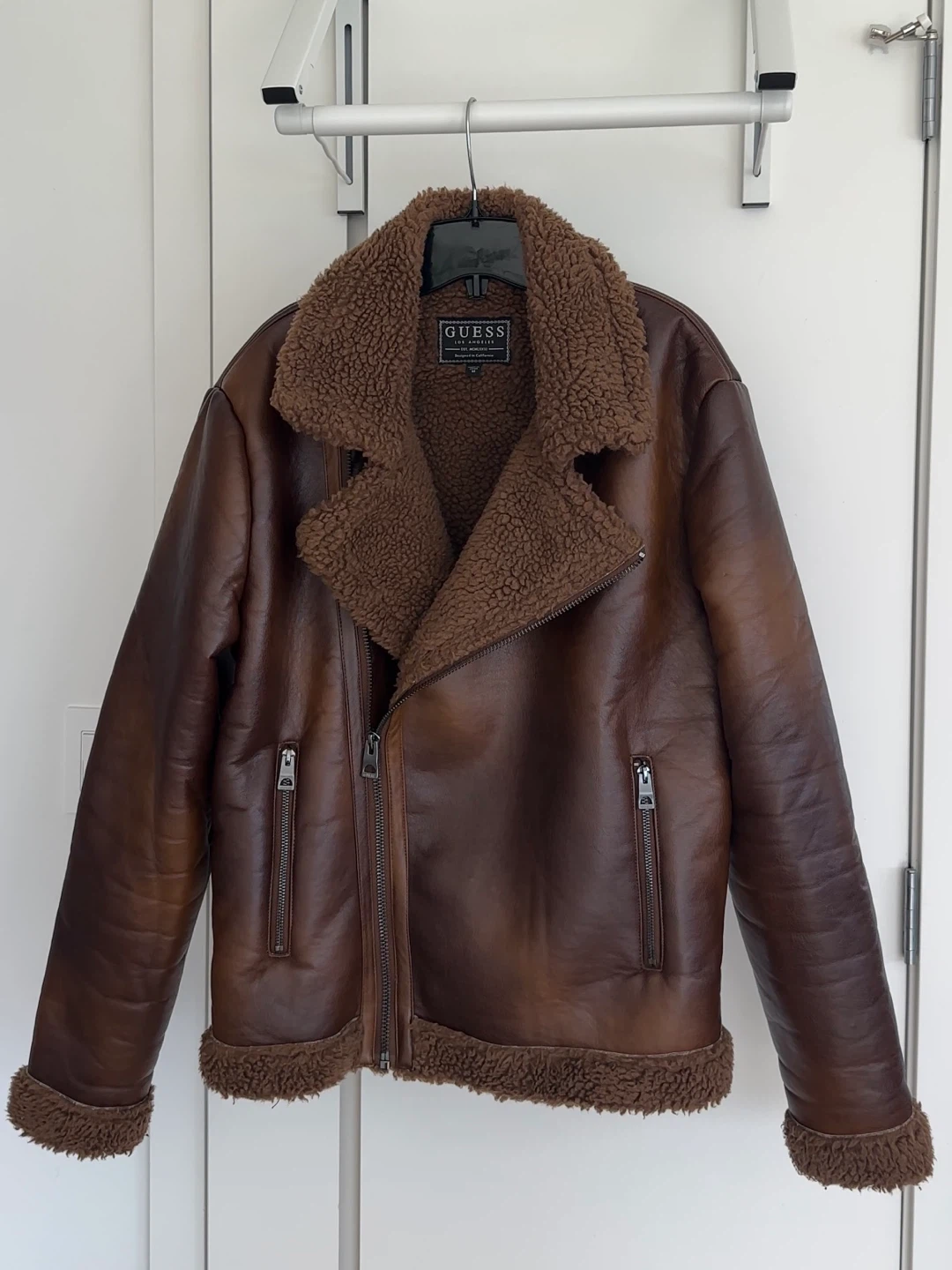 Guess Brown Faux Leather Fleece Lined Aviator Jacket
